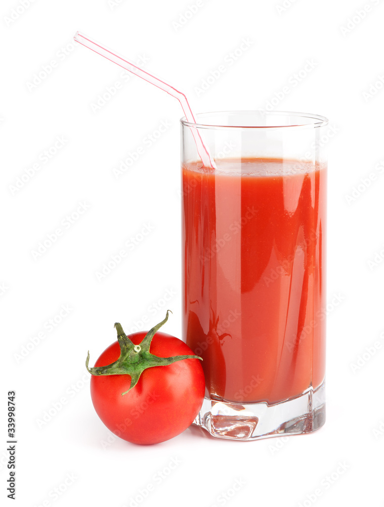 glass of tomato juice and ripe fresh tomato near glass of tomato juice and ripe fresh tomato near