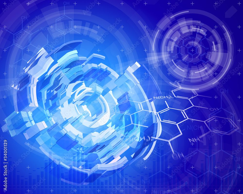 Blue radial technology background & chemical formulas Blue radial technology background & chemical formulas