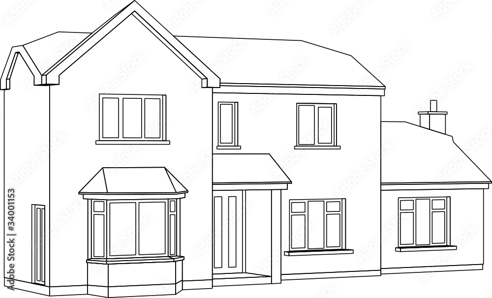 A 3d perspective Line Drawing of a two storey house