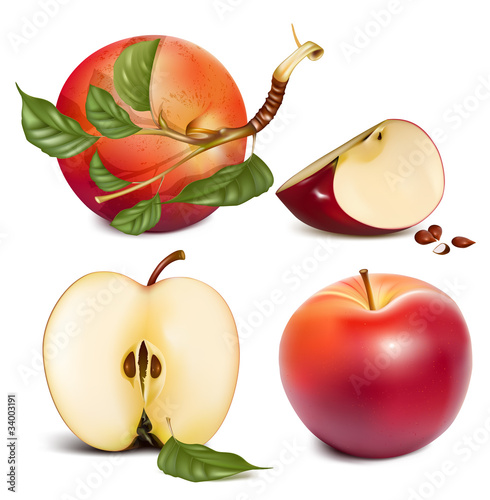 Vector. Ripe red apples with green leaves.