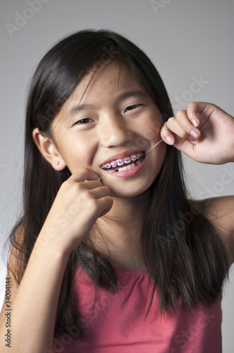 Girl flossing teeth