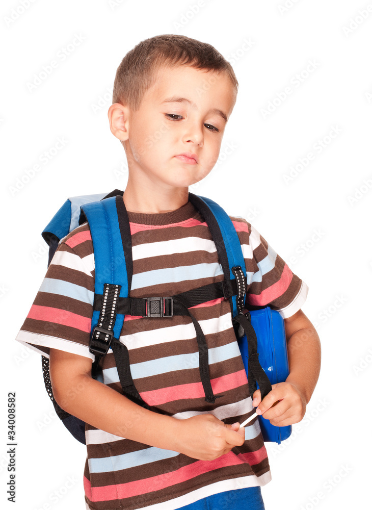 Little boy elementary student with backpack and sandwich box ups Little boy elementary student with backpack and sandwich box ups
