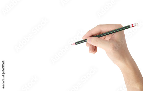 Man's hand holding  pencil isolated on white background