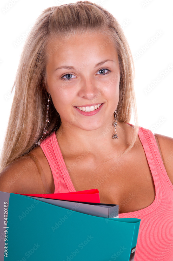 young woman holding colored folders on white background young woman holding colored folders on white background