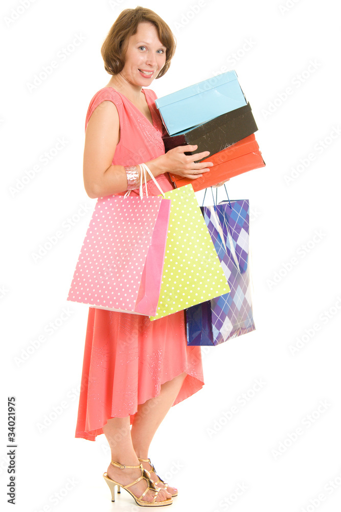 Girl with shopping on white background. Girl with shopping on white background.