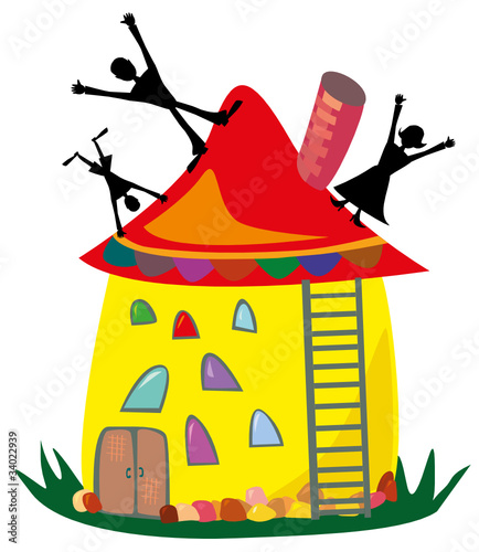 Father, mother and son on the roof of his house jumping for joy