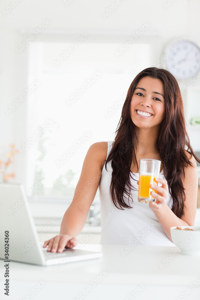 Attractive woman relaxing with her laptop while holding a glass Attractive woman relaxing with her laptop while holding a glass