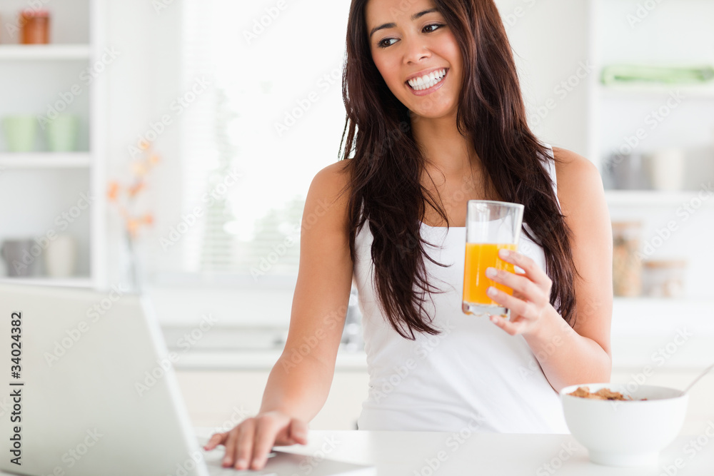 Charming woman relaxing with her laptop while holding a glass of Charming woman relaxing with her laptop while holding a glass of