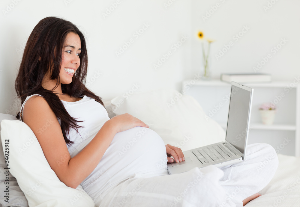 Lovely pregnant woman relaxing with her laptop while lying on a Lovely pregnant woman relaxing with her laptop while lying on a
