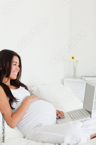 Gorgeous pregnant woman relaxing with her laptop while lying on