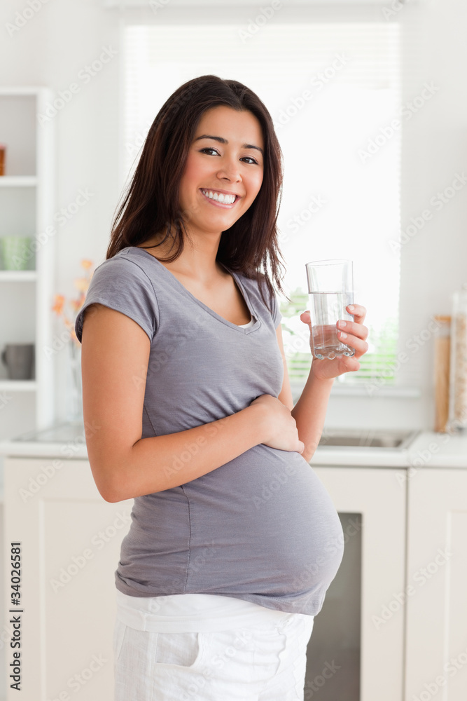 Pretty pregnant woman holding a glass of water while standing Pretty pregnant woman holding a glass of water while standing