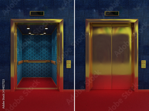 Open and closed luxurious elevator in lobby