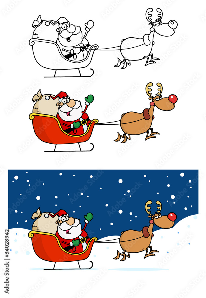 Vettoriale Stock Rudolph Flying Santa Claus In His Sleigh | Adobe Stock