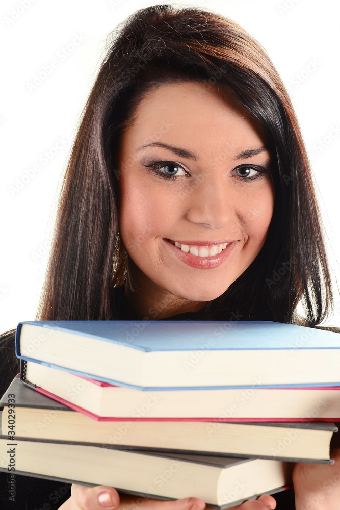 Young woman with stack of books isolated on white Young woman with stack of books isolated on white