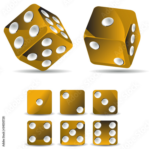 set of golden dices isolated on white background