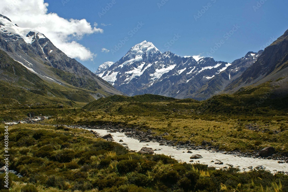 Mount Cook, muddy river and grassland