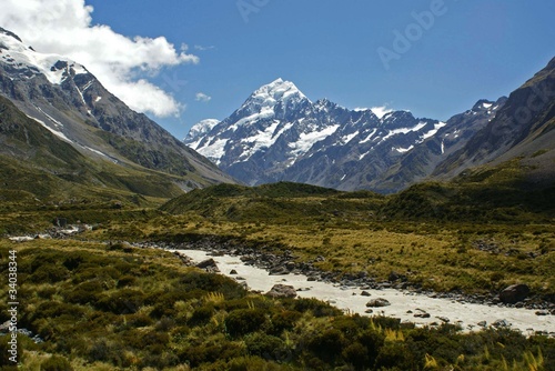 Mount Cook, muddy river and grassland