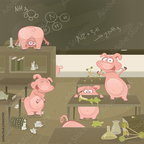 Vector crazy pigs in the classroom