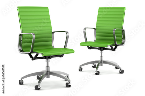 two modern green office chairs isolated on white background