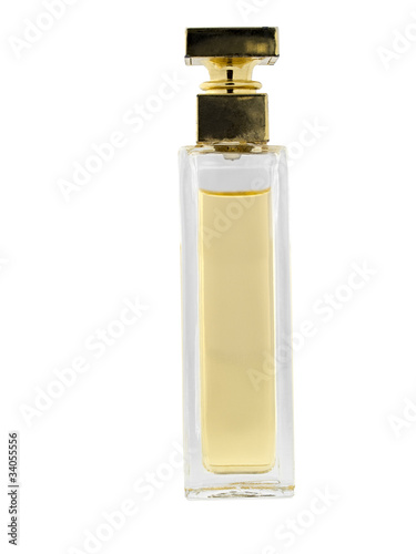 Butelka perfum. Izolowany na białym tle.
