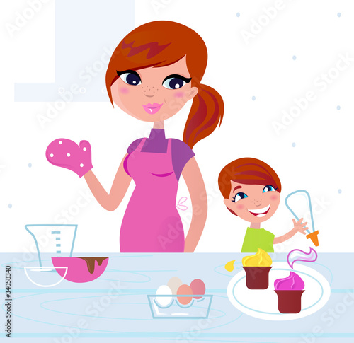 Happy mother with her son cooking in the kitchen. Vector