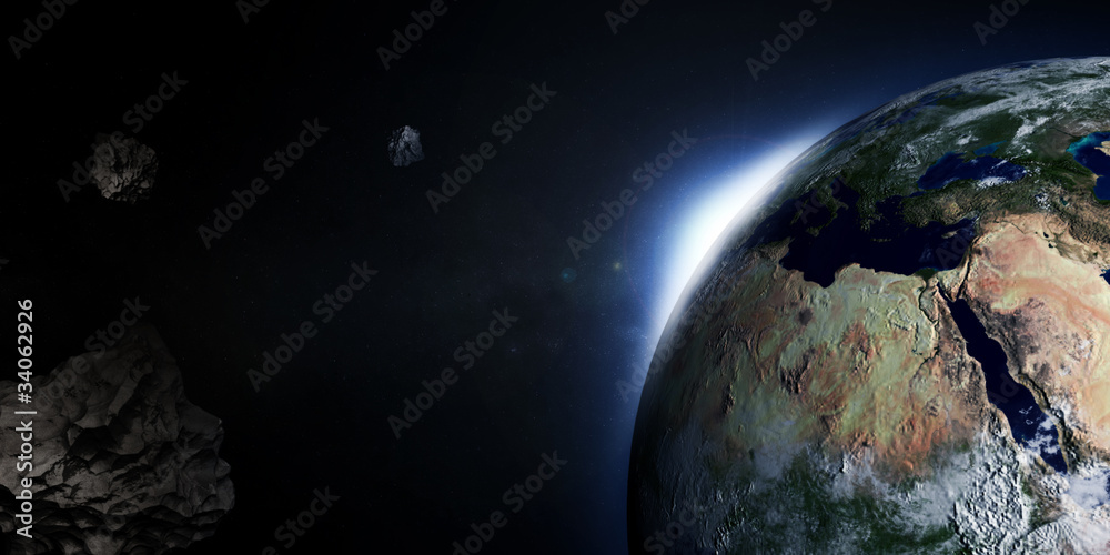 Obraz premium 3D Illustration of Earth with Rising Sun and Asteroids