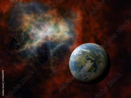 Outer space - blue planet with red space nebula