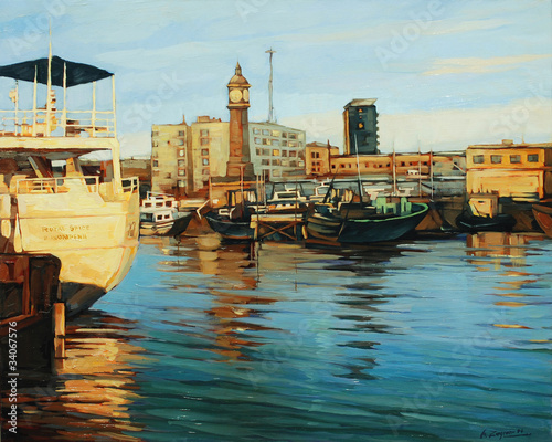 old port of barcelona, painting on a canvas oil #34067576