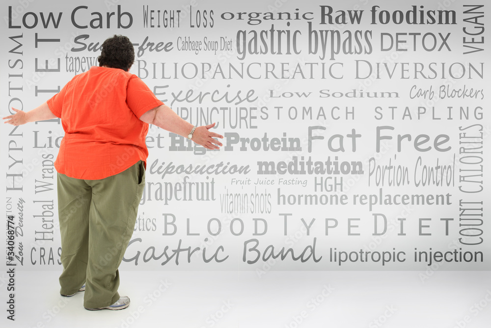 Overwhelmed Obese Woman Looking at List of Weight Lost Choices Overwhelmed Obese Woman Looking at List of Weight Lost Choices