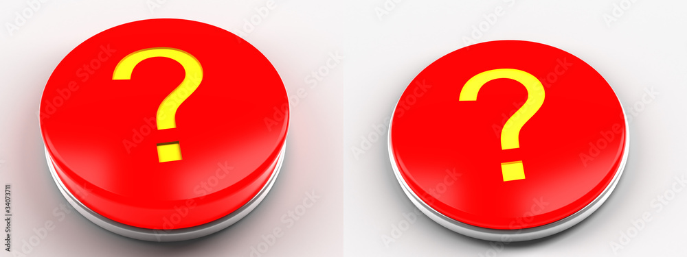 Red button with a metal rim with a question mark Red button with a metal rim with a question mark