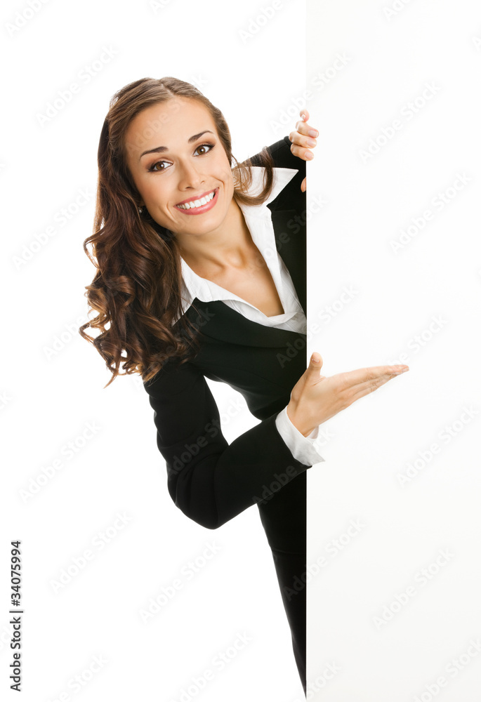 Business woman showing blank signboard, isolated on white Business woman showing blank signboard, isolated on white