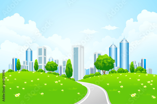 Green landscape with city