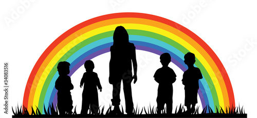 vector children silhouettes and rainbow
