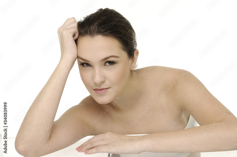 Image with beautiful girl on white background close-up Image with beautiful girl on white background close-up