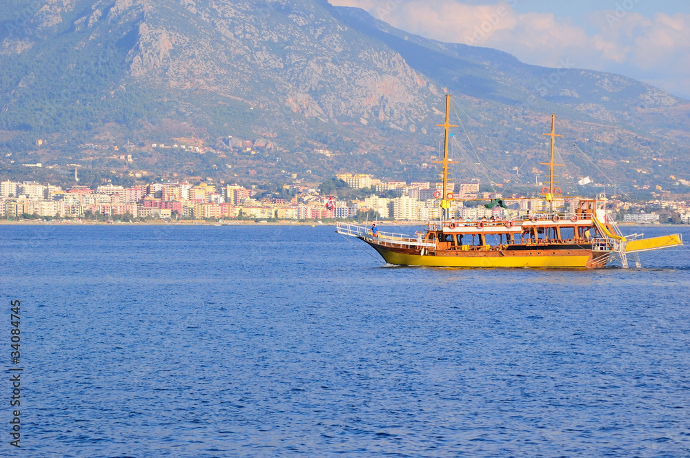 The walking yacht in a bay near Alanya. Turkey