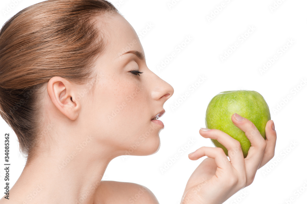 woman eat green apple woman eat green apple
