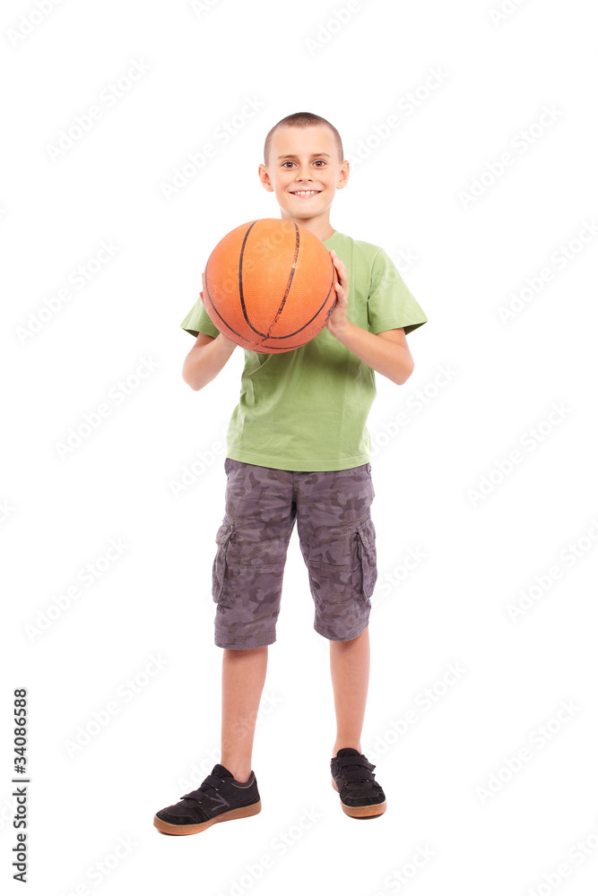 Child with basketball isolated on white background