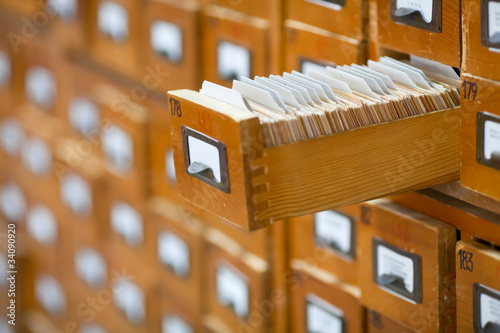 database concept. vintage cabinet. library card or file catalog.