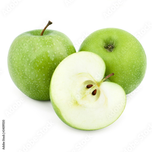 Green apple fruits and half of apple and green leaves isolated
