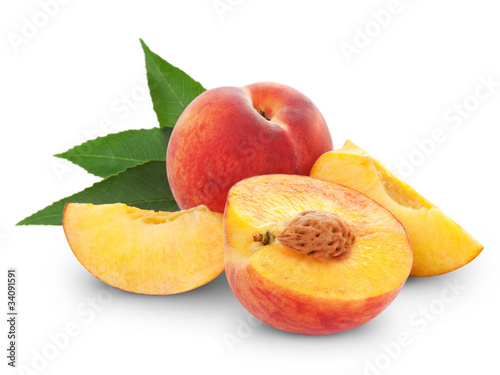 Fototapeta Naklejka Na Ścianę i Meble -  fresh peach fruits and half. Isolated on white background