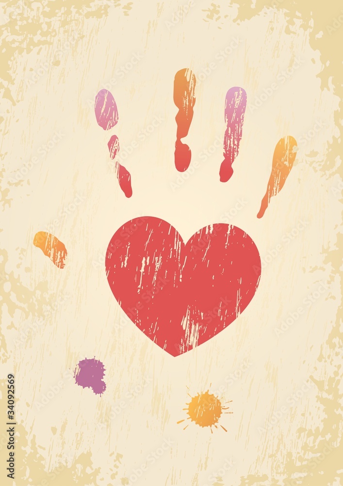 Grunge page with the heart-shaped hand print and color spatters