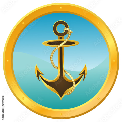 Anchor on a blue wavy background, surrounded by a porthole
