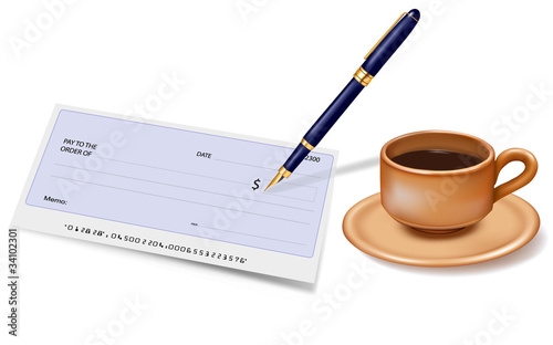 Black checkbook with check, pen and coffe. Vector illustration.