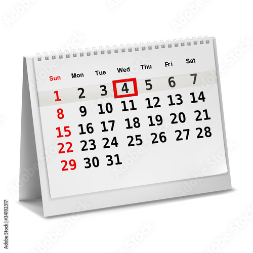 Desktop calendar with a marked date. Vector.