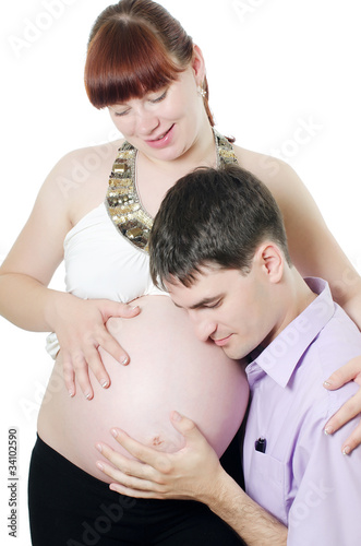 happy pregnant couple isolated on white