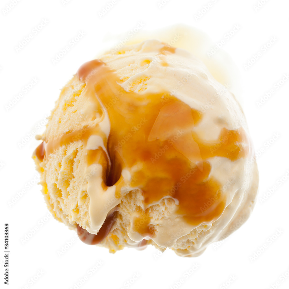 Eine Kugel Vanilleeis mit Karamelsoße von oben StockFoto Adobe Stock Eine Kugel Vanilleeis mit Karamelsoße von oben StockFoto Adobe Stock