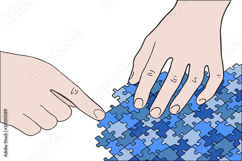 human hands assembling blue puzzle vector