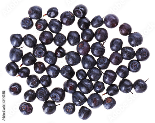 Many bilberry fruits isolated on white macro, food background