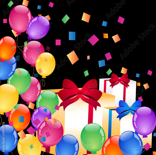 Party colorful balloons with gift boxes