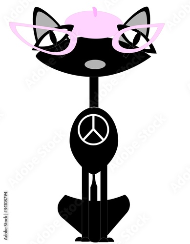 Retro  Kool Kitty Diva sitting elegantly with tam and glasses